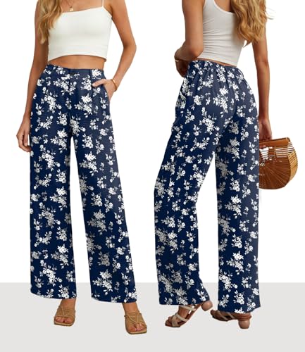 Image of Feiersi Womens Casual Wide Leg Pants High Waisted Button Down Straight Long Trousers Palazzo Pants
