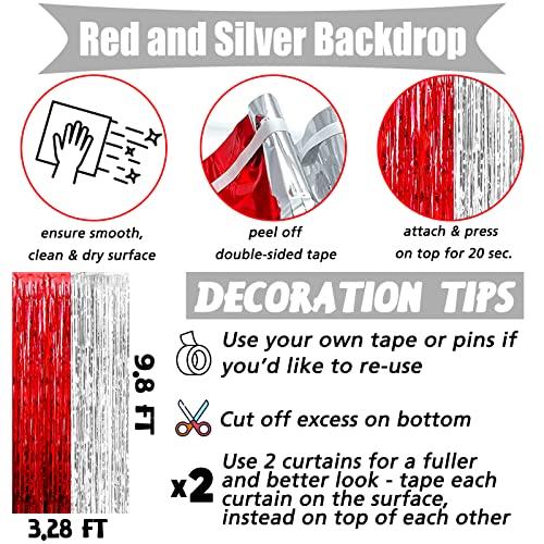 Image of 4 Pack 3.2Ft x 9.8Ft Red and Silver Fringe Curtain Backdrop, Metallic Tinsel Foil Fringe Streamers Curtains Background for Photo Booth Wedding Circus Welcome Carnival Birthday Party Decorations