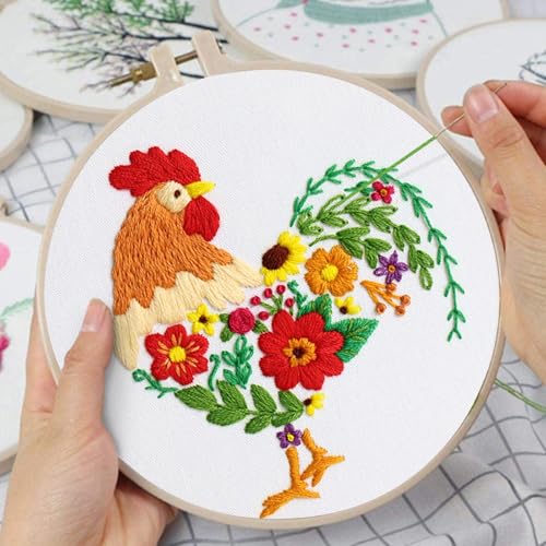 Image of Louise Maelys Funny Animal Embroidery Kits for Beginners,Cross Stitch Kit for Adults,DIY Needlepoint with Rooster and Flower Pattern