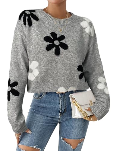 Womens Oversized Cute Flower Sweater Fall 2025 Trendy Vintage Y2k Floral Knit Crewneck Long Sleeve Pullover Tops