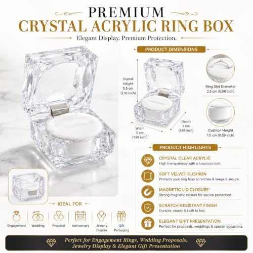 Image of Crystal Acrylic Ring Box Pack of 6 | Transparent Jewelry Display Case | Elegant Ring Holder for Engagement Wedding Proposal and Gift Packaging | Premium Clear Ring Storage Box