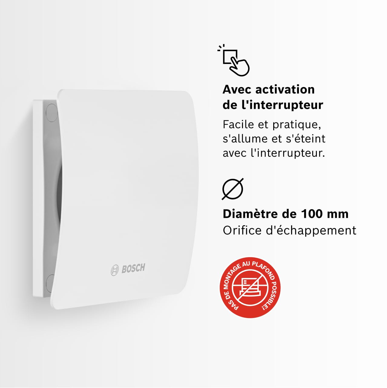Bosch Ventilateur de Salle de Bain 1500 125mm - Pour la Ventilation dans la Salle de Bain et les Toilettes, Contre l'Humidité et la Moisissure - Avec Activation par Interrupteur - Diamètre de 125 mm