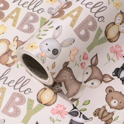 WRAPAHOLIC Kraft Baby Shower Wrapping Paper Roll - Mini Roll - 17 Inch x 16.5 Feet - Little Woodland Animal Wrapping Paper for Baby Shower Kids Girls Boys Birthday
