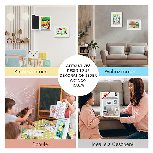 KidGallery Bilderrahmen für Kinderzeichnungen A4 – 2 weiße Wechselrahmen Kinderbilder A4 zum Aufklappen – Inklusive Malbuch – Einfache & organisierte Aufbewahrung – Kreatives Geschenk für Dekorationen