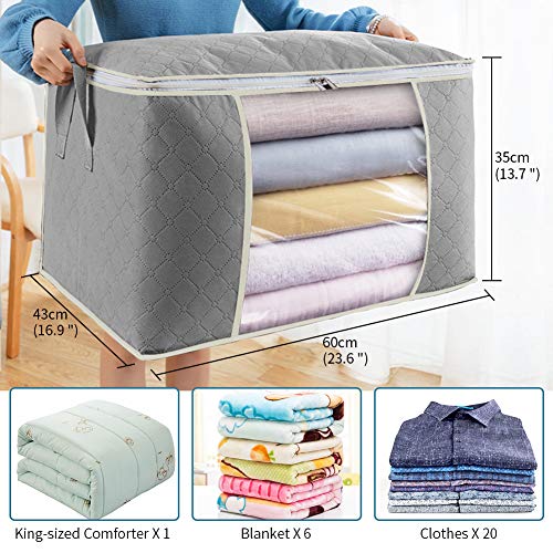 GEEDIAR Foldable Clothes Storage Bags,Set of 4 Large Capacity Closet Organizer with Zipper,Clothing Storage Containers with Reinforced Handle,Good for Comforters,Blankets,Clothes,Bedding,90L,Grey - Thumbnail 3