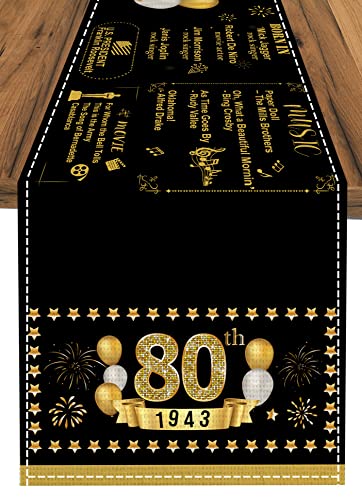 Henghere 80Th Birthday Decorations For Women Men, 80Th Birthday Party Supplies, Vintage 80Th Birthday Party, Table Runner 72 X 13 Inches - Black #TOP13