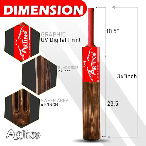 Image of Artino Burn Wooden Cricket Bat for Tennis Ball - Full Size 900g Lightweight Bat with Strong Handle for Outdoor & Gully Cricket