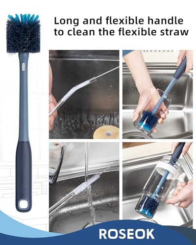Image of ROSEOK 2 in 1 Bottle Brush with Straw Cleaner Brush, Water Bottle Brush | For Cleaning Glass, Sports Bottle, Coffee Mug, Cup Cleaner, Grayish Blue, 1 Pack