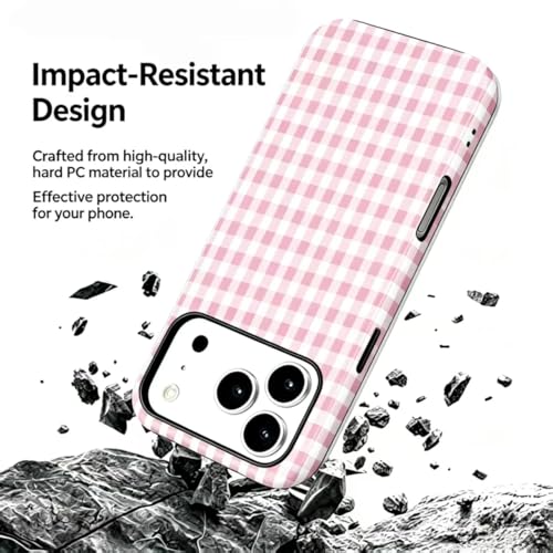 Image of for iPhone 17Pro Case Cute Phone Case,Compatible with MagSafe,Dual Layer Shockproof Protective Phone Cover,Hard Shell + Silicone Cover,Fashion Design for Women Girls,Pink and White Plaid