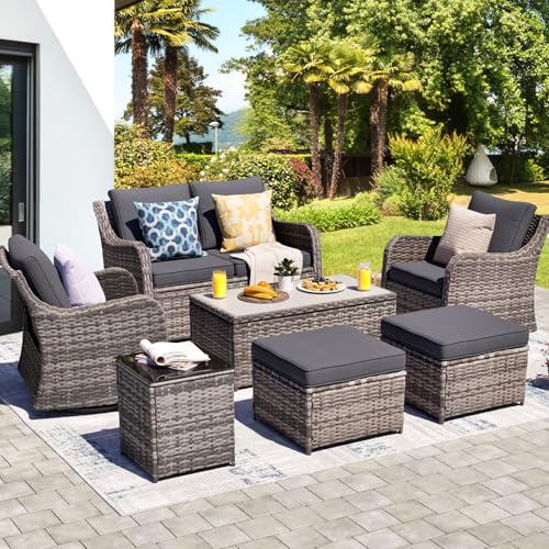 Outdoor Patio Furniture Set with Swivel Chairs, 7 Pieces Wicker Rattan Sofa Couch with Loveseat, Patio Conversation Set with Rocker Patio Chair, 2 Ottomans and Coffee Table (Grey)
