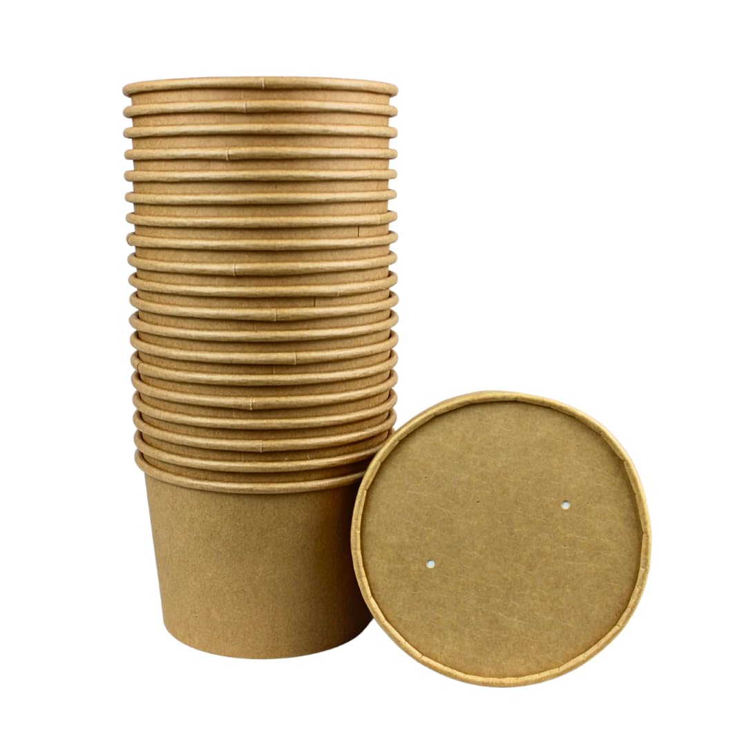 Enpack Suppenbecher Braun 12oz/350ml - Auslaufsichere Schüssel mit Deckel für den Gastronomie & Privat Bereich, Einweg Suppenschalen aus Kraftpapier, Formaler Stil, Nachhaltige Pappschale (300)