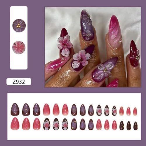 Image of Flower Press on Nails Short Almond Fake Nails Purple Pink Ombre False Nail with Embossment Design Pearl Glue on Nails Artificial Acrylic Nail Full Cover Stick on Nail for Women Manicure 24Pcs