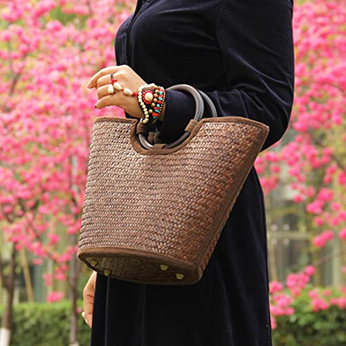 Straw Bag for Women, Summer Beach Handmade Rattan Tote Bag, Round Wooden Handle, Boho Retro Straw Woven Handbag, Large Beach Bag for Vacation (Brown)4