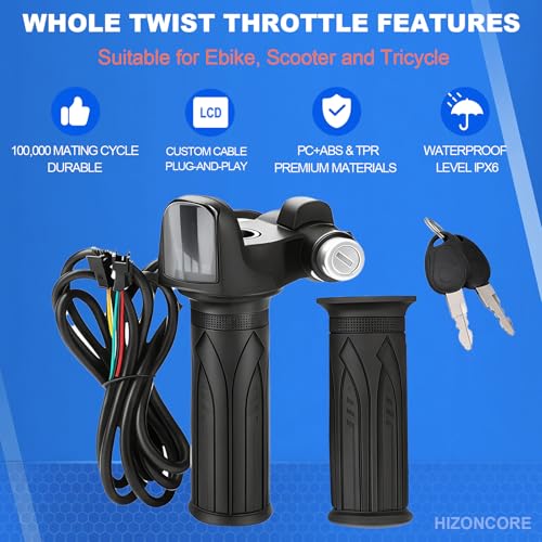 Image of Hizoncore Ebike Full Twist Throttle Fits Ridstar Q20, 48V Plug and Play Throttle 3 Pin Easy Installation, LCD Display with Key Lock, Throttle Grips for Ebike Motorcycle Scooter