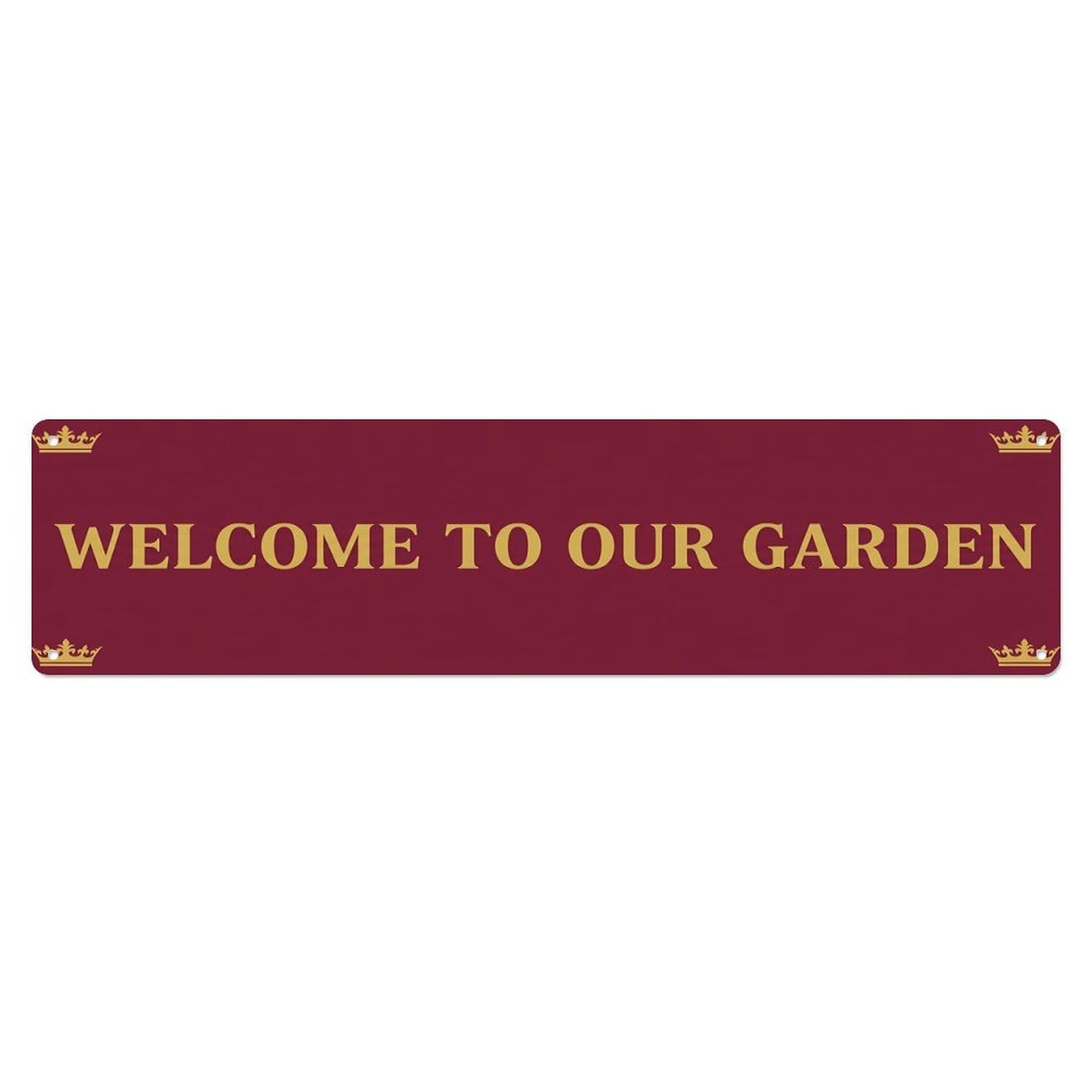 Vintage Welcome to Our Garden Maroon Metal Tin Sign