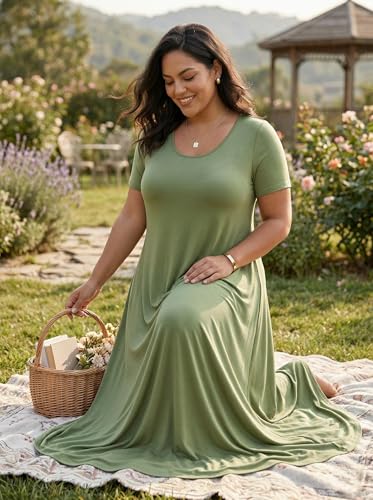 Image of SUZONANA Plus Size Maxi Dress for Curvy Women Summer Casual Sundress Short Sleeve Loose Vacation Dress