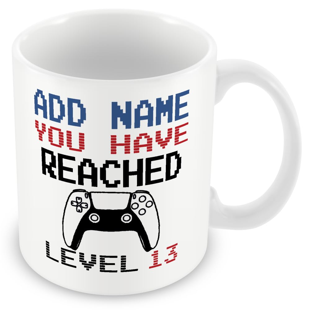 MUGGZ -13th Birthday Personalised Gamer Mug (11oz) PS5 Style - You Have Reached Level Custom LevelUp Mug Gift for Boy/Girl - Add Any Name - Novelty Video Game Controller Design Gifts for Him or Her
