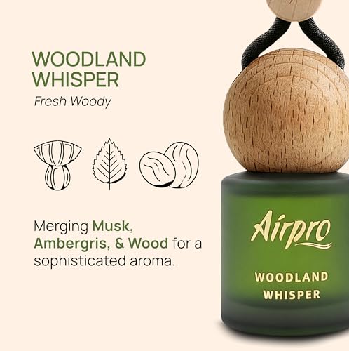 Image of Airpro Veil Woodland Whisper Wooden Hanging Car Air Freshener | Oud Inspired Car Perfume Hanging Pod | Glass Bottle with Wooden Diffuser | Long Lasting Luxury Car Perfume | Natural Fragrance | 8ml