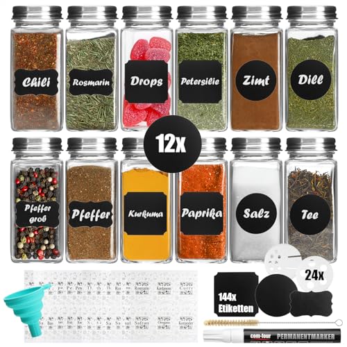 com-four® 12x Tarros de Especias con Accesorios - Control de Especias de Vidrio 120 ml, Accesorios para rociadores, Cepillo, Embudo, Etiquetas, bolígrafo (12 piezas de vasos con accesorios.)
