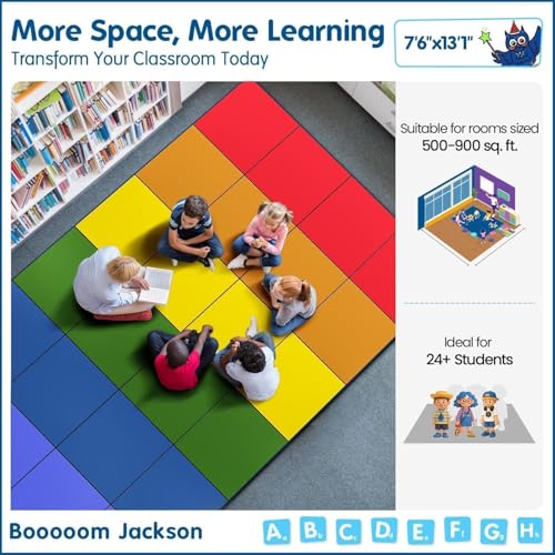 Booooom Jackson 7'6''x13' Rainbow Square Seating Classroom Rug for Kids Room Seating Décor - Thick Nylon Preschool Carpet Daycare Rug for Teaching, Playroom, Non-Slip &No Triping,20X Stain Resistance - Image 2