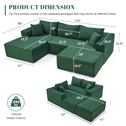 Image of Mangodan 110 inch Cloud Sectional Couch, Modular Sectional Sofa with Deep Seat, Boneless Sofa for Living Room, Fluffy Comfy U-Shaped Couch with Left Facing Chaise, No Assembly Required, Green