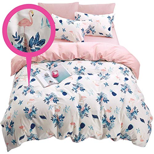 Floral Print Duvet Cover Set 100% Cotton White Queen Size Blue Leaves Flamingo and Pineapple Zipper Closure, Leaves Pattern, Pink Reversible Botanical Queen Quilt Cover