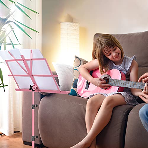 Image of CAHAYA Folding Sheet Music Stand & Desktop Book Stand 2-EN-1 Music Stand with Adjustable Height 70-138 cm Includes Carry Bag Pink Model CY0204-1