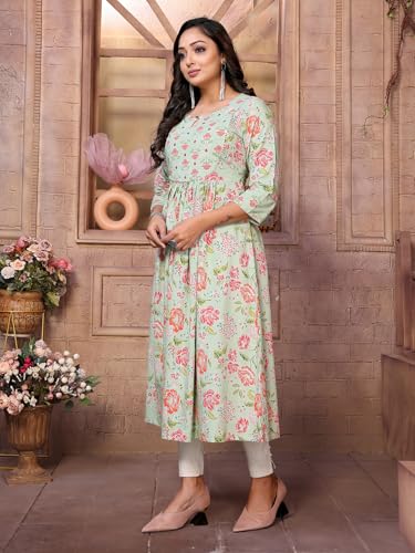 Image of rangita Women Rayon Regular Fit Calf Length Printed Anarkali Kurti | Kurta