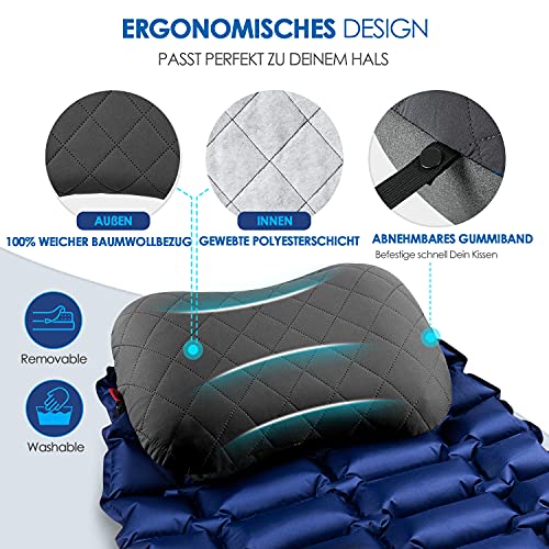 HIKENTURE Aufblasbares Camping/Reise Kissen mit Abziehbarem Kissenbezug, Ergonomisches Kopfkissen, Komfortables Nackenkissen für Reise/Outdoor, Inflatable Travel Neck Pillow(Grau)