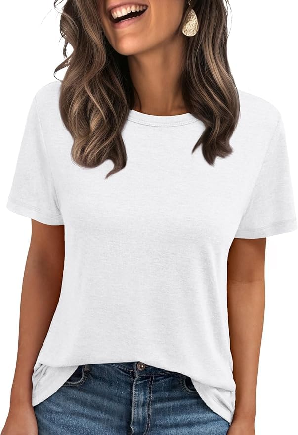 Cuptacc Tshirt Damen Sommer Basic Shirt Oberteile Damen Rundhals Kurzarm Einfarbig Casual Top Weiß XL 46-48