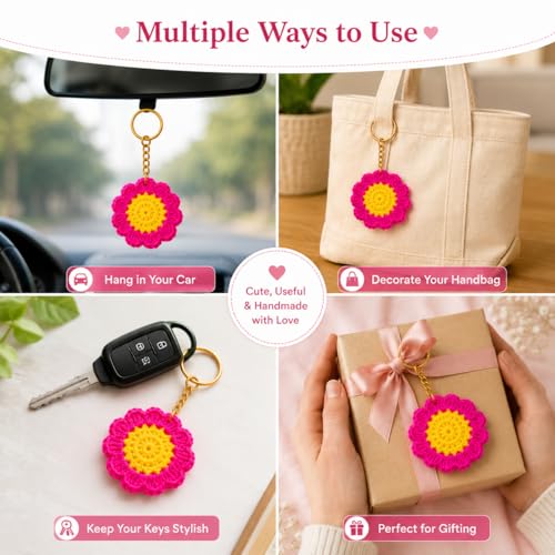 Image of Handmade Crochet Keychain for Women & Girls, Cute Yarn Key Ring, Bag Charm, Car Key Holder & Gift, Aesthetic Handmade Floral Accessory