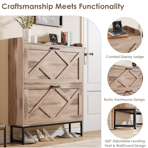 Image of Nicetree Shoe Cabinet with 2 Flip Drawers，Freestanding Shoe Storage Cabinet, Narrow Shoe Organizer Cabinet, Farmhouse Slim Shoe Rack Cabinet for Entryway,Toasted Oak