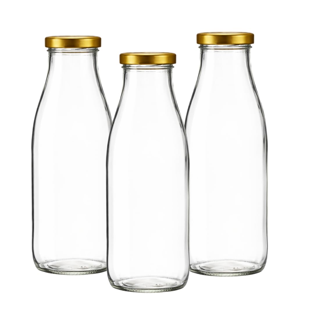 Jars And Bottles Clear 750Ml Glass Milk Bottles With Gold Caps | Juice & Beverage Bottle | Reto Milk Bottle For Weddings | J&B (36)