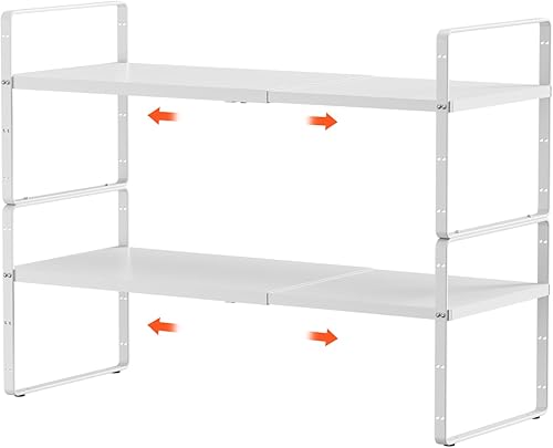 jkxoo 2Pack Expandable Cabinet Shelf Organizers, Stackable Metal Cabinet Shelves Extender for Kitchen Cabinet Countertop Storage, Adjustable Spices