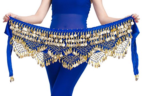 Aivtalk Women's Gold Coins Belly Dance Performance Costume Hip Scarf Velvet Wrap Outfit Belt Royal Blue