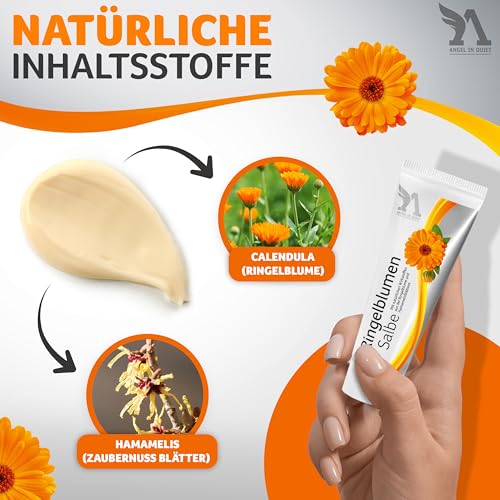 Angel in Quiet Ringelblumensalbe mit hohem Gehalt an Calendula Extrakt – Pflege bei trockener & gereizter Haut – mit Hamamelis – Salbe für empfindliche Haut & Babyhaut – Naturkosmetik ohne Parabene