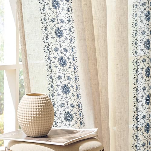 Vangao Rideaux pour salon en aspect lin 140L x 245H cm Lot de 2 Rideaux brodés de fleurs pour chambre à coucher Moderne Beige et Bleu avec passe-tringle Boho...
