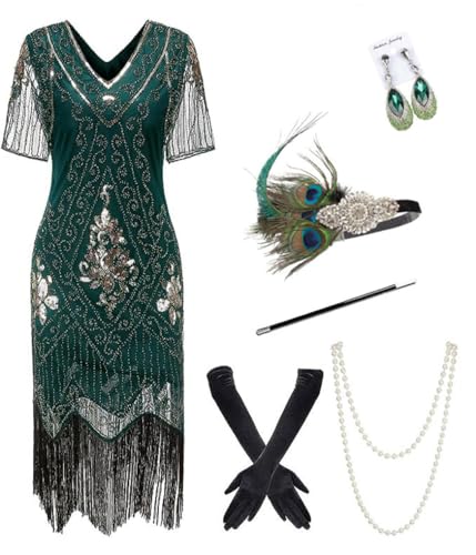 866A - Plus Size 1920s Vintage Fringed Gatsby Sequin Beaded Tassels Hem Flapper Party Prom Cocktail Dress with Accessories (Green Gold with Accs, 5X)