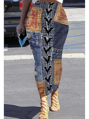 Yuopeid Women's Fashion Printed Elastic High Waist Skirt Stretchy Casual Party Clubwear Long Skirts2