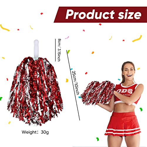 24 Pcs Pom Poms Cheerleading Cheerleader Pom Poms Spirited Cheer Pom Poms Cheerleader Pom Poms Baton Handle Metallic Foil Fun Pom Poms For Sports Team Party Dance Cheering Supplies (Red, Silver) #TOP1