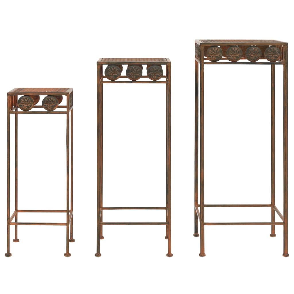 3er Set Pflanzenständer Vintage Metall - Antik Blumenhocker für Innen und Außen, Rustikale Blumentreppe Rostfarben, Dekorative Pflanzensäule für Wohnzimmer, Balkon und Garten (3 Größen)