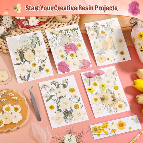 Image of Dried Pressed Flowers for Resin, Real Pressed Flowers Dry Leaves Bulk Natural Herbs Kit for Scrapbooking Art Crafts Epoxy Resin Jewelry Mold Candle Soap Making Nails Decor (White & Pink Floral)