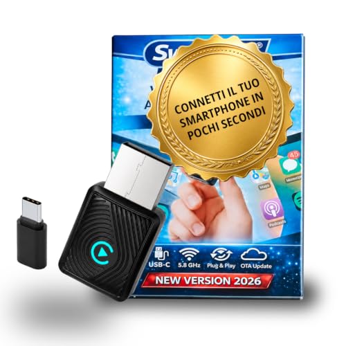 Carplay Wireless 2026 Addatadore Android Apple per Auto Bluetooth Wifi USB C Accesori Auto Interno Compatibile Iphone Connessione Stabile Senza Cavi Mini Dongle SwiftLink Lite