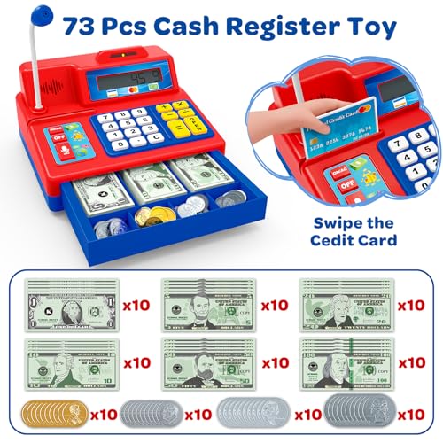 Image of Bstoyder Calculator Cash Register Toy Gift for Kids Age 3, 4, 5, 6, 7, 8+ Year Old, 103 Pcs Grocery Store Playset with Microphone, Credit Card, Cash Register for Toddlers Kids 4-8
