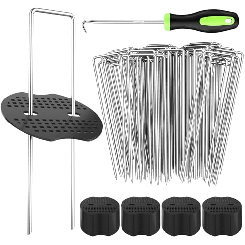 YAOBLUESEA Lot de 200 Grapas en Forma de U de Acero Galvanizado(150x30mm, Ø3mm), Piquetas de Jardín con 100 Arandelas y 1 Gancho Extractor para Malla Antihierbas Césped Artificial Tuberías de Riego