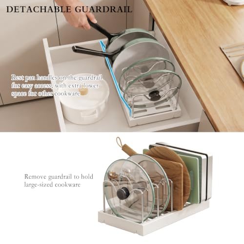 CICUFY 2 Pack Pots and Pans Organizer Under Cabinet, 23" Pot Lid Holder Rack Inside Cabinet with 10 Adjustable Dividers, Pan Lid Organizer with Guardrail For Kitchen Countertop, White - Image 3