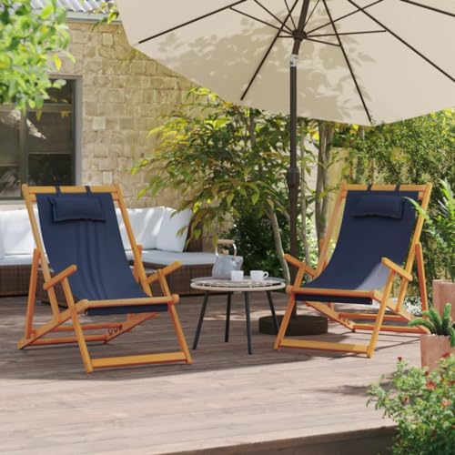 Sillas de Playa Plegables,2 Unidades,Tumbona Ajustable 3 Posiciones con Estructura de Madera de Eucalipto y Tela de Poliéster,Resistente a la Intemperie,Ligera y Portátil,Azul,60 x 127 x 95 cm