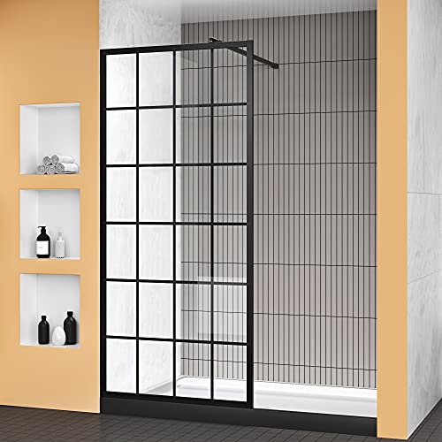 Delavin 34" W X 72" H Framed Shower Glass Panel, Shower Screen, Glass Shower Wall, 5/16" (8Mm) Sgcc Tempered Glass Shower Panel With Explosion-Proof Film, Grid Fixed Shower Door, Matte Black #TOP10