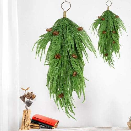 24" Upside Down Pine Christmas Wreath with Pinecones for Front Door Decor (Green) - image 2