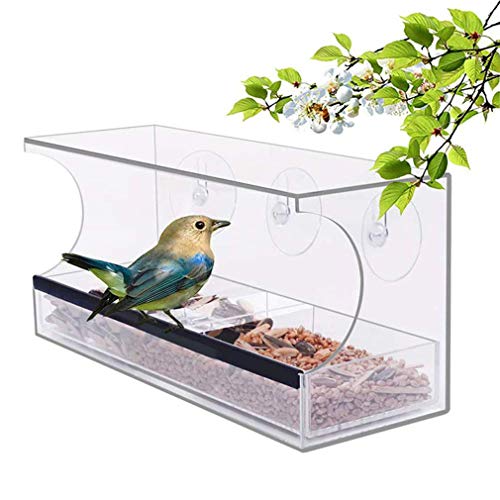 SummarLee Large Window Bird Feeder, Acrylic Bird Cage with Removable Seed Tray And Suction Cup, Including 64 Drainage Holes for Optimal Bird Watching